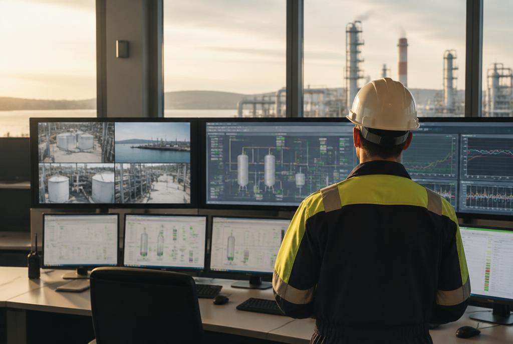 Ingenjör i kontrollrum övervakar processanläggning på storskärmar