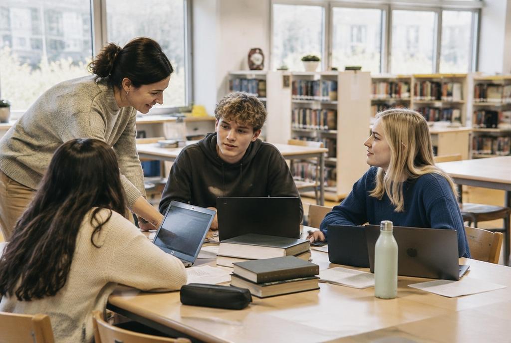 Lärare och elever runt ett bord med datorer i ett skolbibliotek